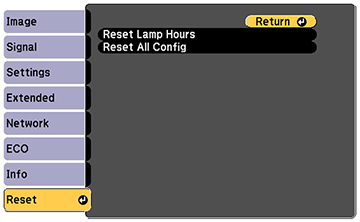 Projektor menü — Reset Lamp Hours menüpont kiválasztása